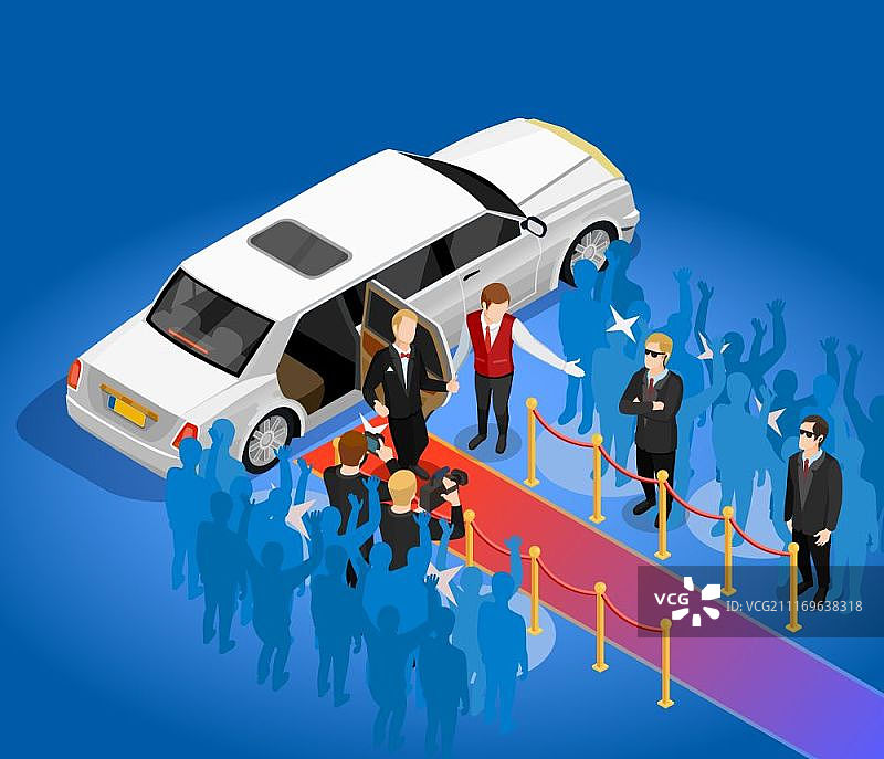 音乐颁奖典礼名人加长轿车2.5D插画：红毯与记者图片素材