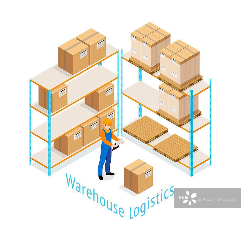 仓库物流2.5D设计：工人进行货架商品库存的仓库物流2.5D设计图片素材