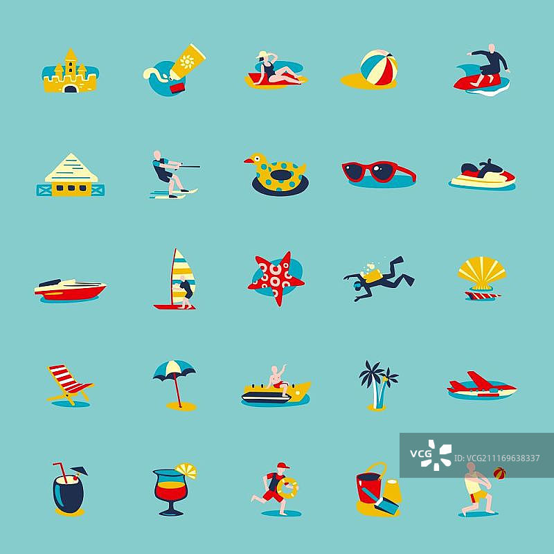夏季海滩复古图标背景集：夏季海滩度假符号人物和配饰，蓝色水背景矢量图图片素材