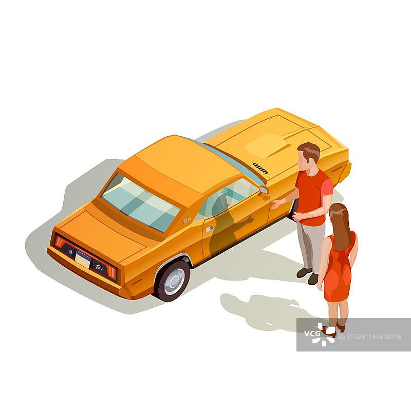 2.5D汽车套件组合：男女角色与橙色汽车矢量图图片素材