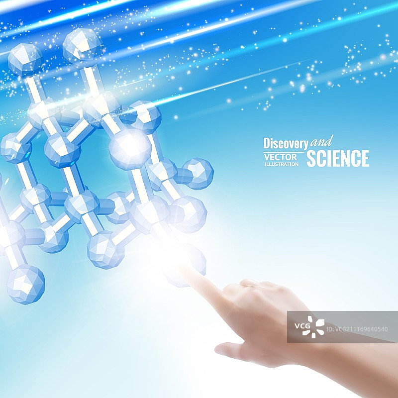 女人手触摸屏幕上的化学分子。矢量图。图片素材