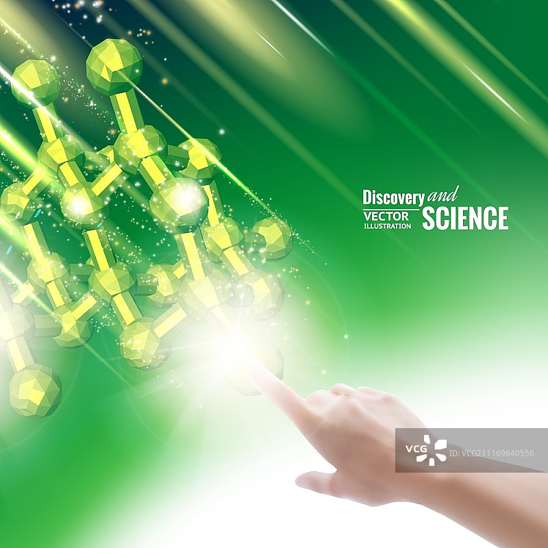 女人手触摸屏幕上的化学分子。矢量图。图片素材