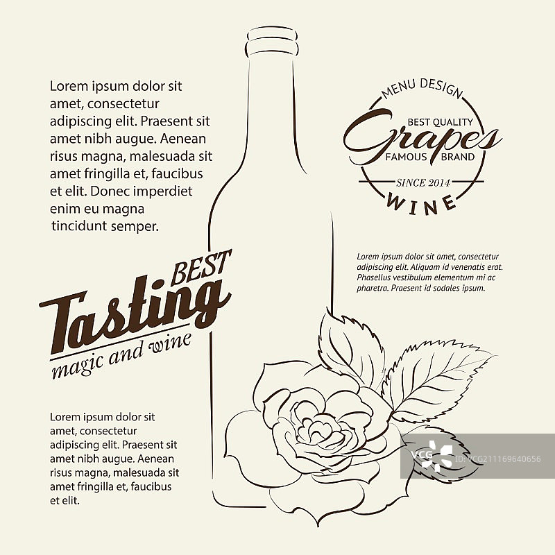 带有玫瑰和瓶子的手写葡萄酒品尝标志矢量素材图片素材