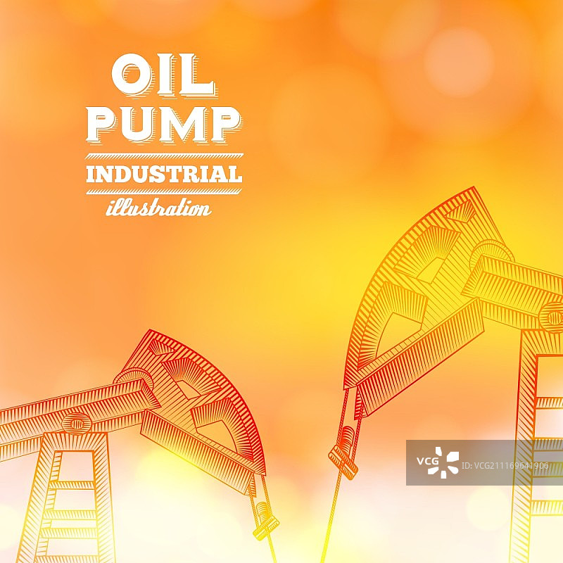 橙色散景背景上的抽油机矢量插画图片素材