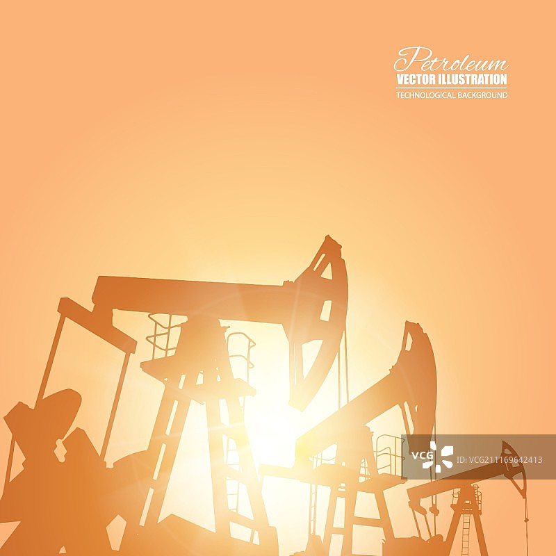 夕阳下的石油能源工业机器。矢量插图图片素材