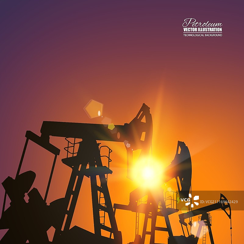 夕阳下的油泵工业机器。矢量素材。图片素材