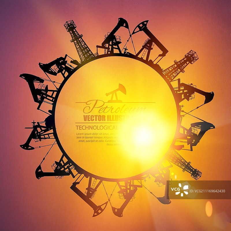 日落背景下的石油工业圆形边框矢量图图片素材