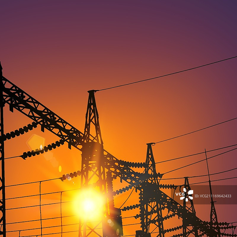 日落时分的高压输电线矢量插画图片素材