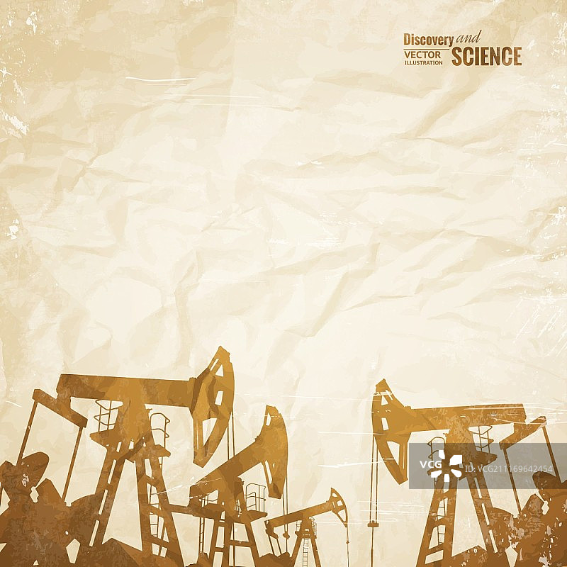 石油工业背景与旧纸上的油泵矢量图图片素材
