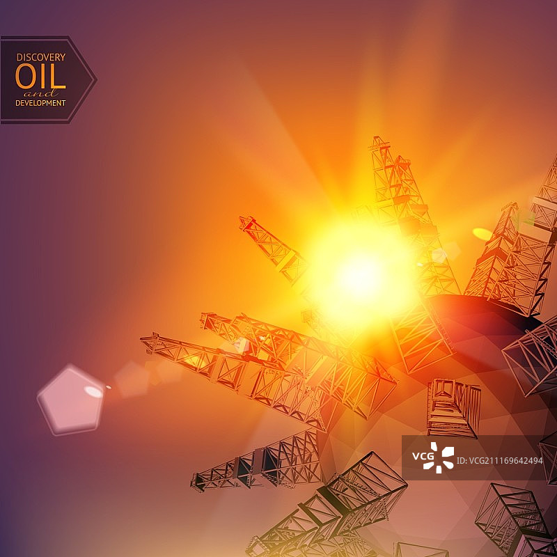 日落背景下的石油钻井架星球矢量图图片素材