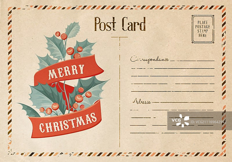 复古圣诞槲寄生卡片与丝带文字矢量素材图片素材