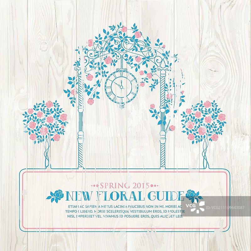 带树木和拱形鲜花的玫瑰花园，木纹上的文字模板矢量素材图片素材