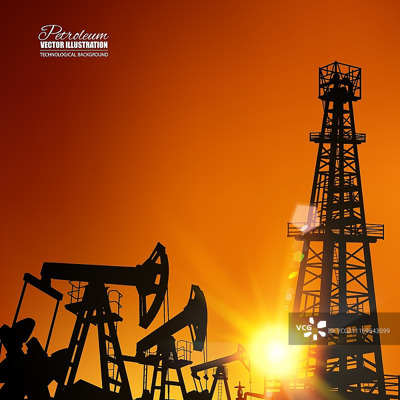 日落时用于钻探的石油钻塔工业机器矢量图图片素材