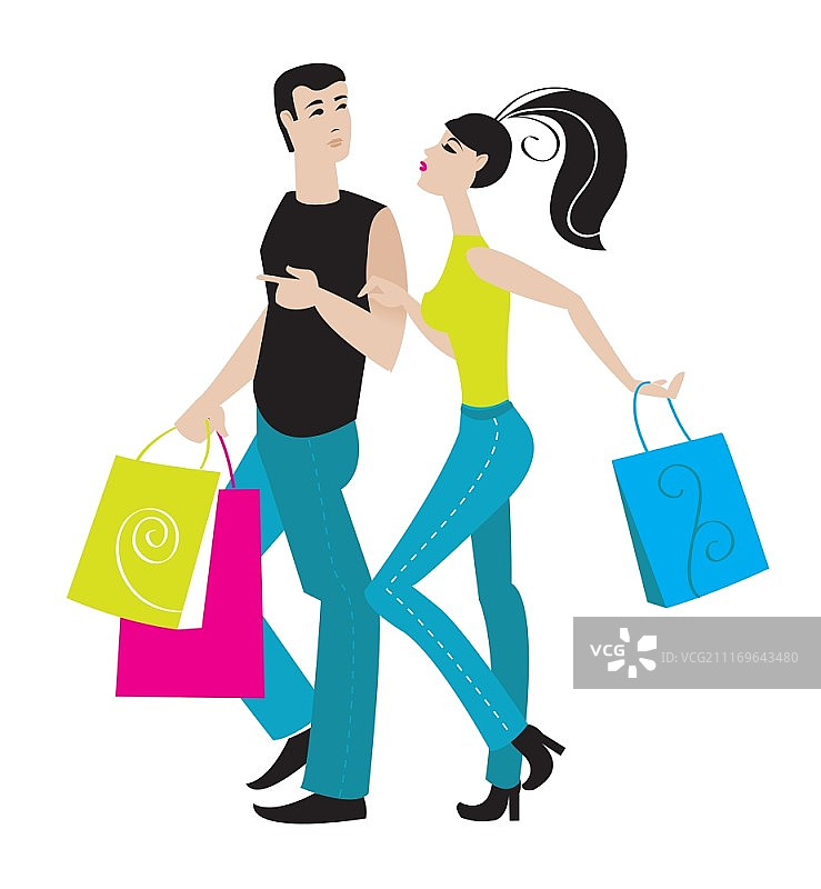 购物女孩和男孩插画图片素材