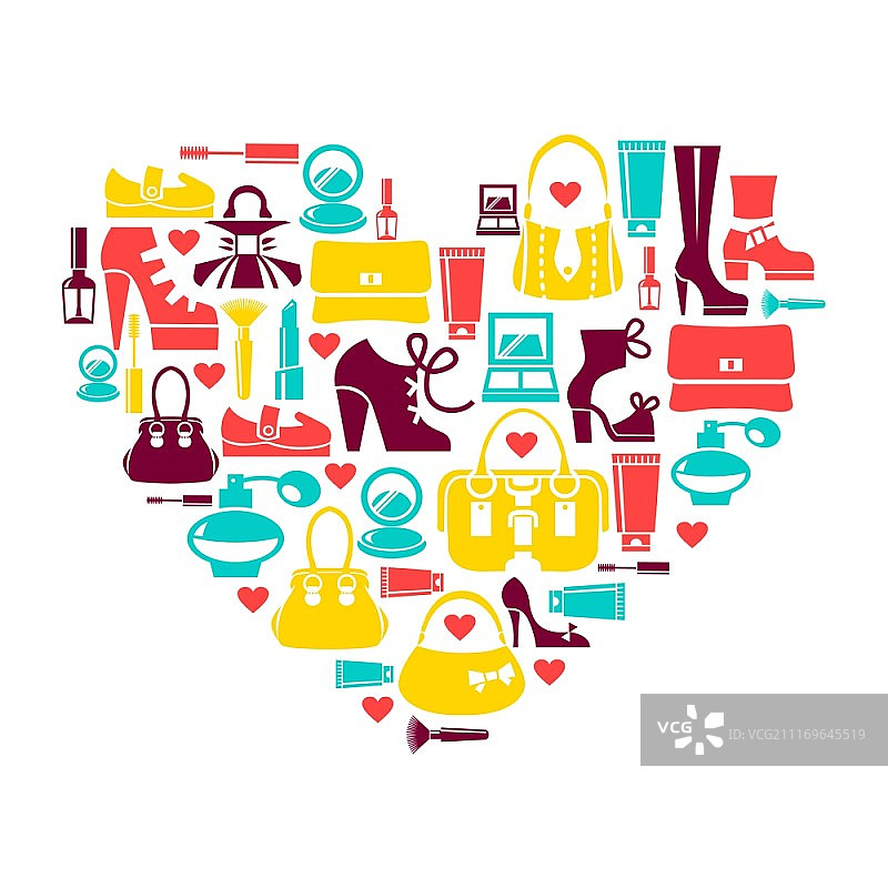 购物之爱：包含时尚女性图标的心形图片素材