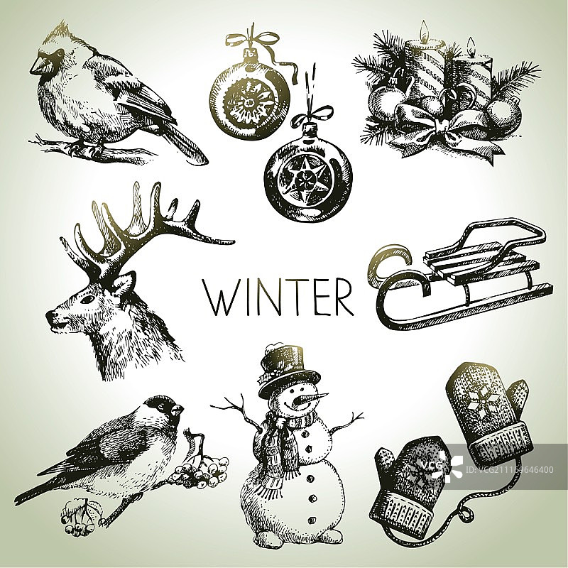 手绘冬季圣诞节套装图片素材