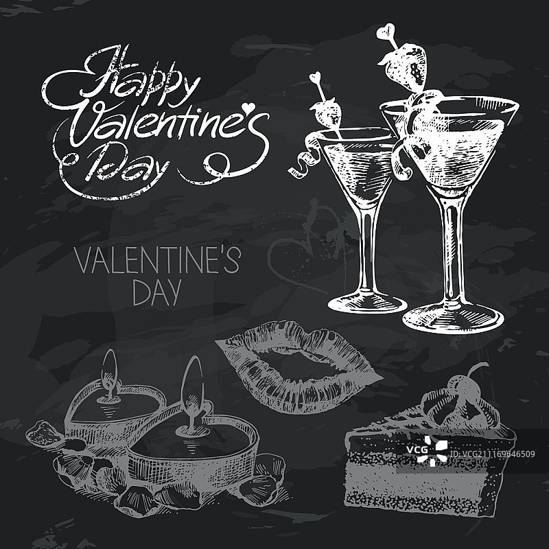 情人节手绘黑板设计套装黑色粉笔纹理图片素材