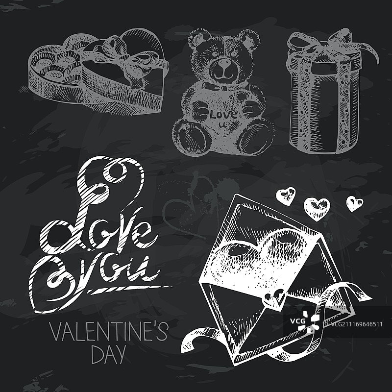 情人节手绘黑板设计套装黑色粉笔纹理图片素材