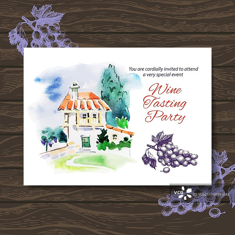 葡萄酒品鉴会卡片矢量水彩插画图片素材