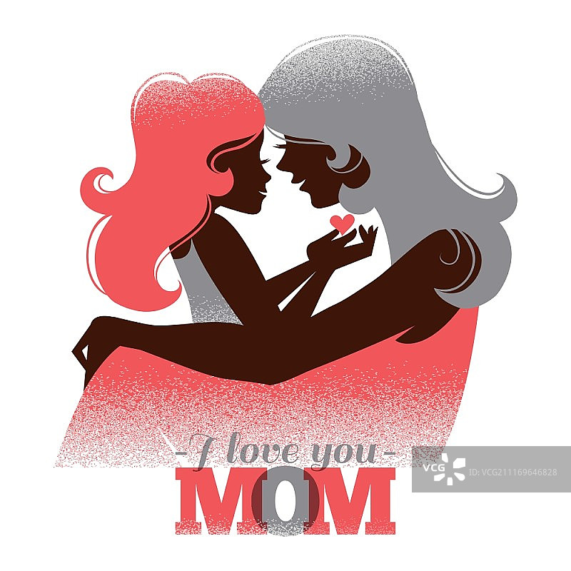 母亲节贺卡：复古风格的母亲与女儿剪影图片素材