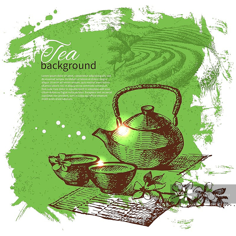 复古茶背景：手绘草图插画，菜单设计图片素材