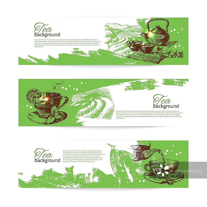 复古茶饮banner合集：手绘草图菜单设计背景图片素材