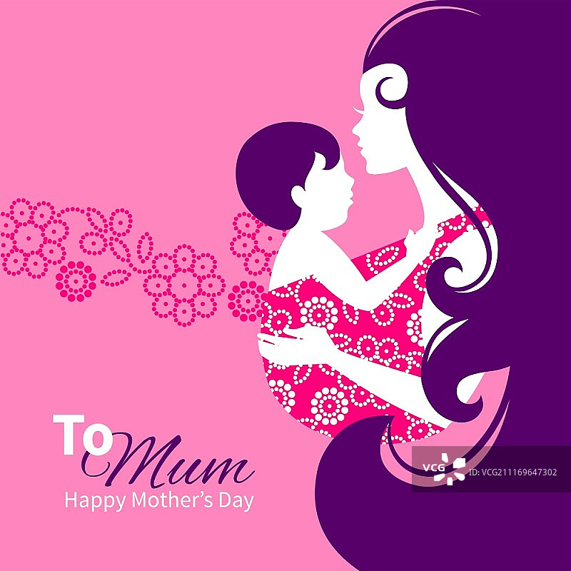 美丽的母亲与婴儿剪影，花卉图案图片素材