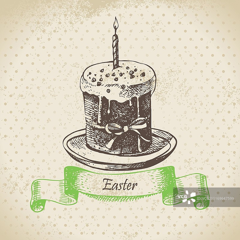 复古背景与复活节蛋糕手绘插画图片素材