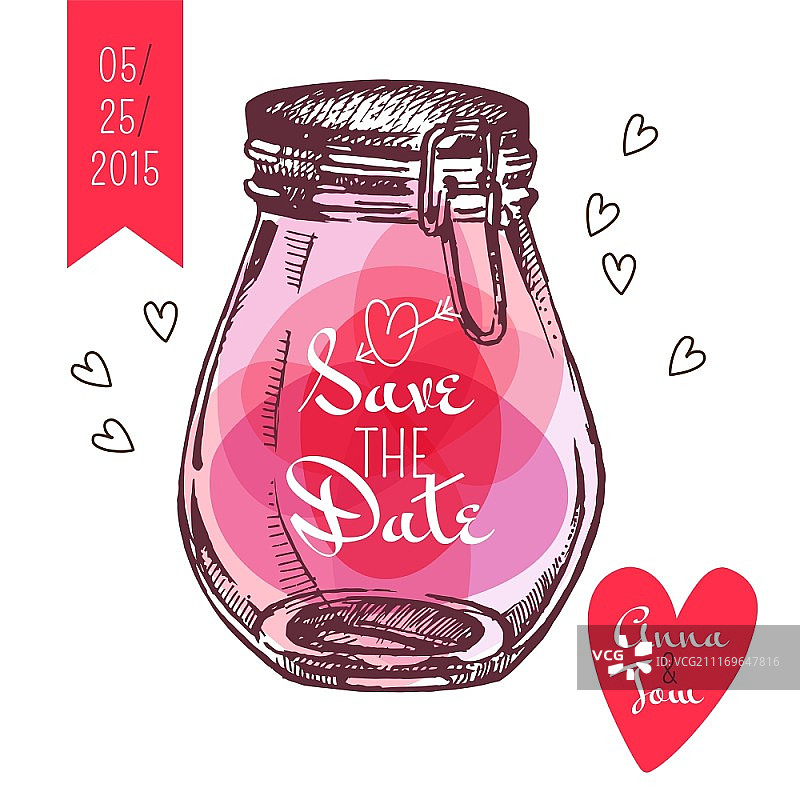 保存日期卡片：乡村风梅森罐婚礼邀请函矢量手绘设计图片素材