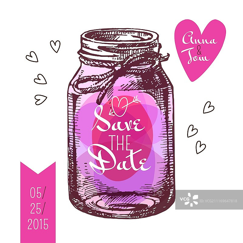 保存日期卡片：乡村风梅森罐婚礼邀请函矢量手绘设计图片素材