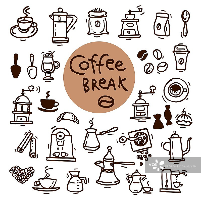 咖啡涂鸦图标草图：手绘矢量素材，菜单设计元素图片素材