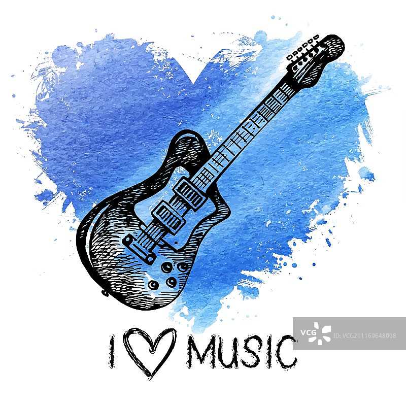水彩飞溅爱心与手绘音乐背景矢量图图片素材
