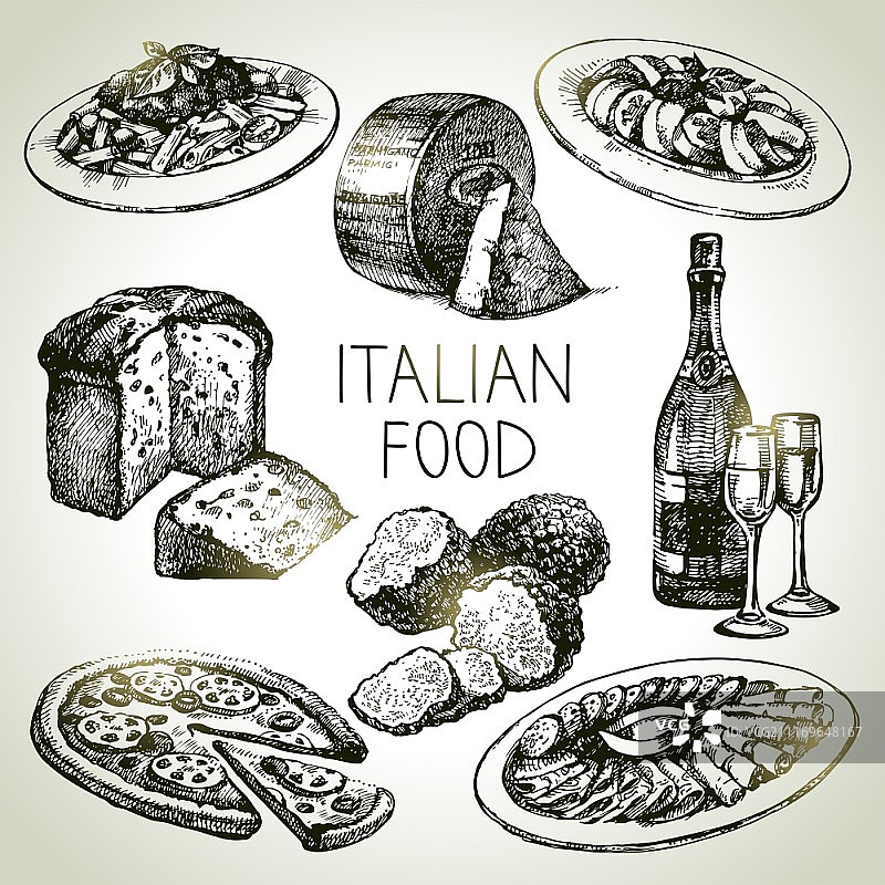 手绘意大利美食套餐矢量素材图片素材