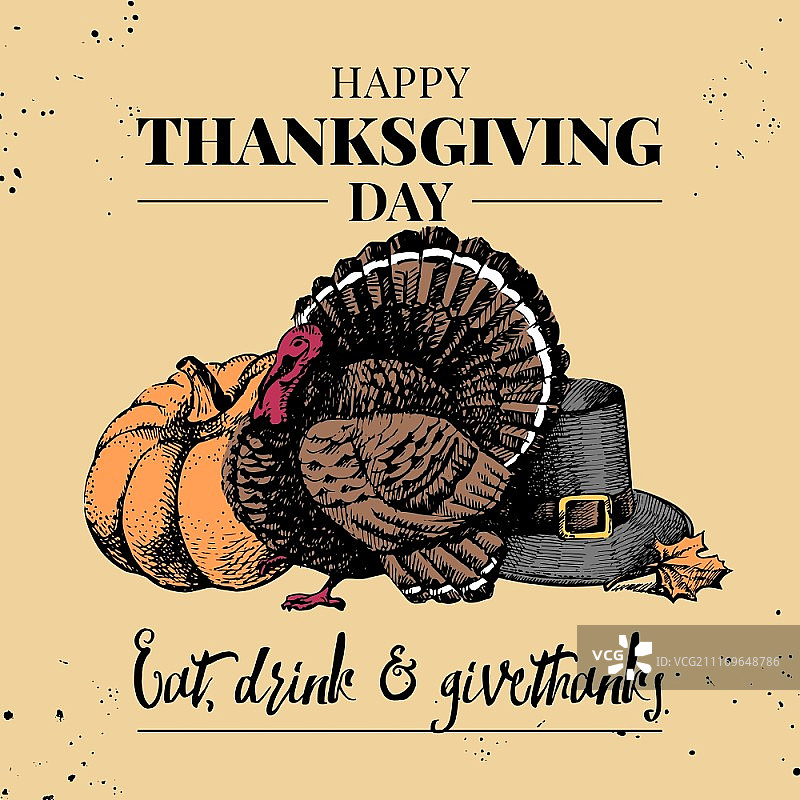 感恩节背景，复古排版海报手绘矢量插画图片素材