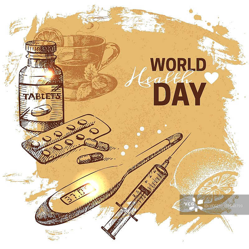 手绘世界健康日背景：复古疾病矢量插画图片素材