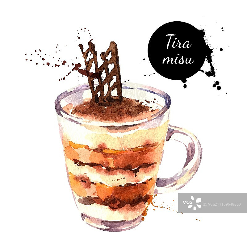 水彩提拉米苏甜点，玻璃杯中盛有肉桂咖啡和巧克力，白色背景上的独立美食插画图片素材
