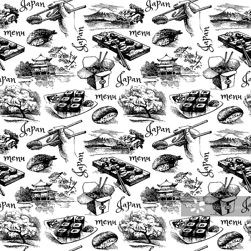 手绘复古日式无缝图案菜单矢量插画图片素材