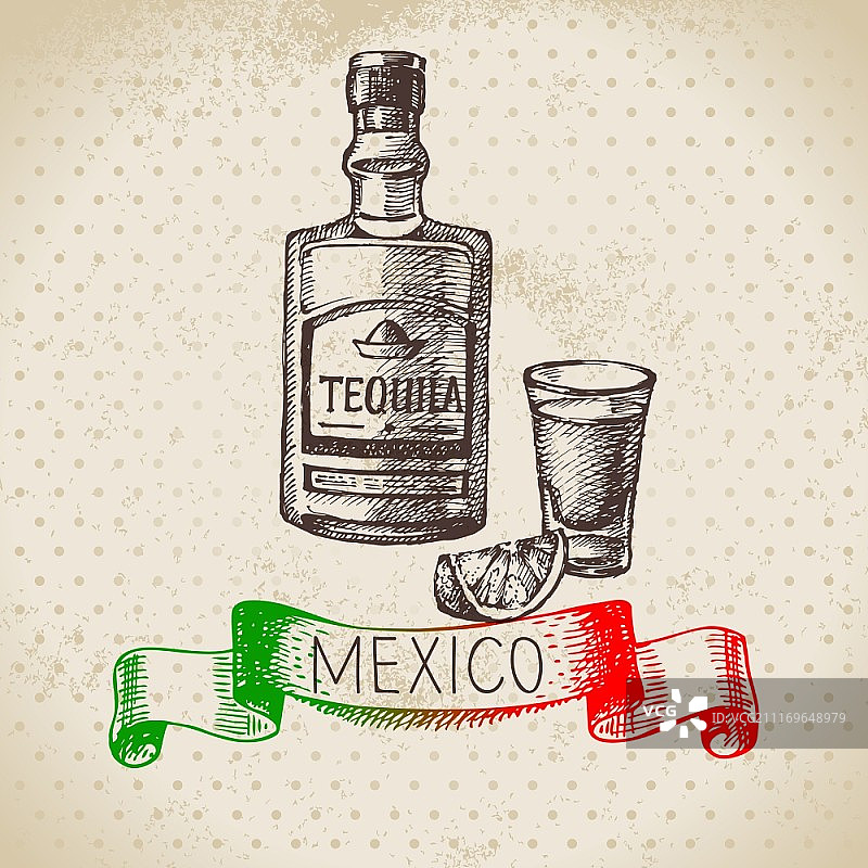 墨西哥传统美食背景：龙舌兰酒手绘矢量图，复古墨西哥美食banner图片素材