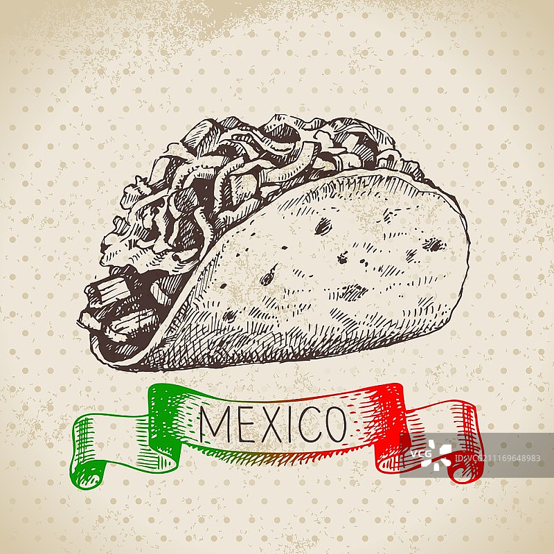 墨西哥传统美食背景与炸玉米饼，手绘草图矢量图，墨西哥复古美食banner图片素材