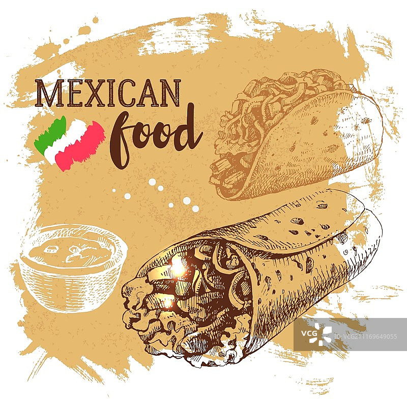 墨西哥传统美食背景，手绘草图矢量图，墨西哥美食banner图片素材