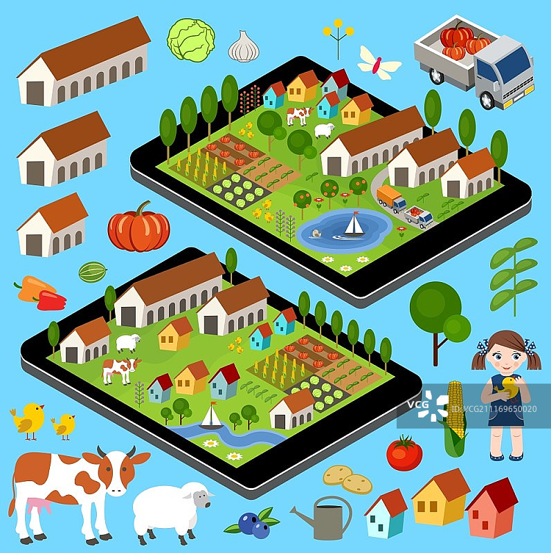 乡村农场元素合集：田野、动物、植物。主题可用于游戏。矢量插画图片素材