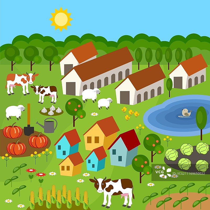 乡村农场元素合集：田野、动物、植物。主题可用于游戏。矢量插画图片素材
