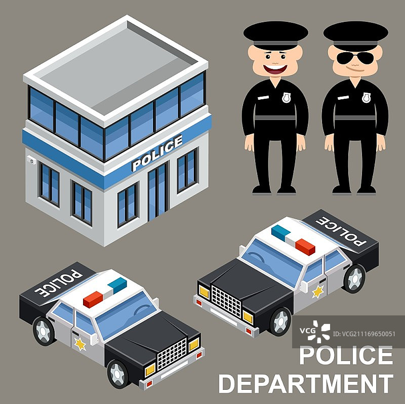 警察局、警车和警察矢量图图片素材