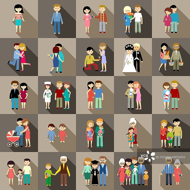 扁平化风格的家庭生活场景：父母、子女和祖父母矢量插画图片素材