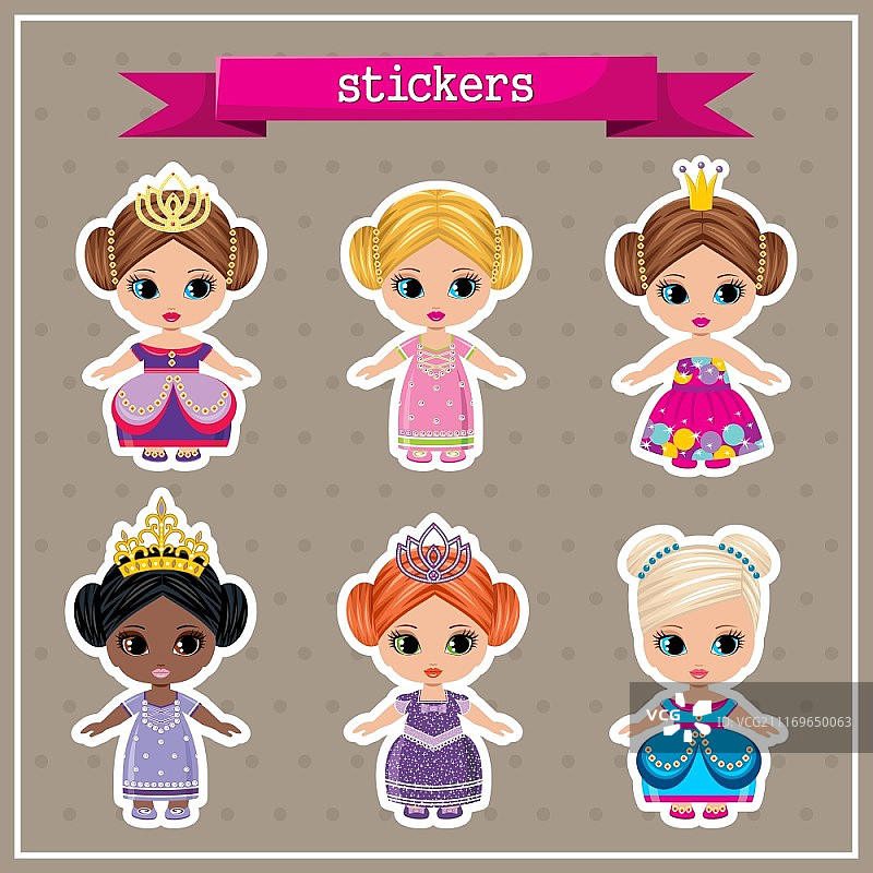 公主贴纸套装。棕色背景矢量素材图片素材