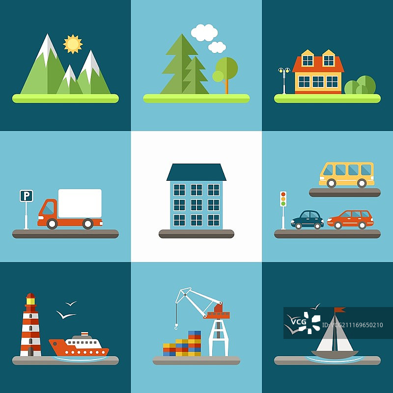 城市建筑、树木和汽车扁平风格图标矢量素材图片素材