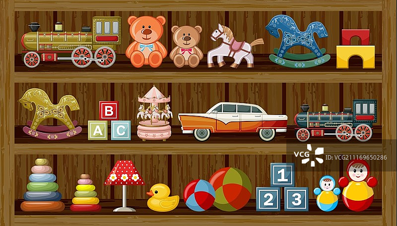 复古玩具商店的木制橱窗矢量图图片素材