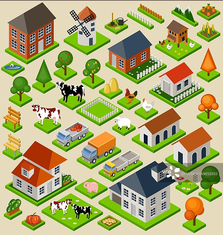 矢量农场玩具积木2.5D素材。已隔离。农场建筑和交通图片素材