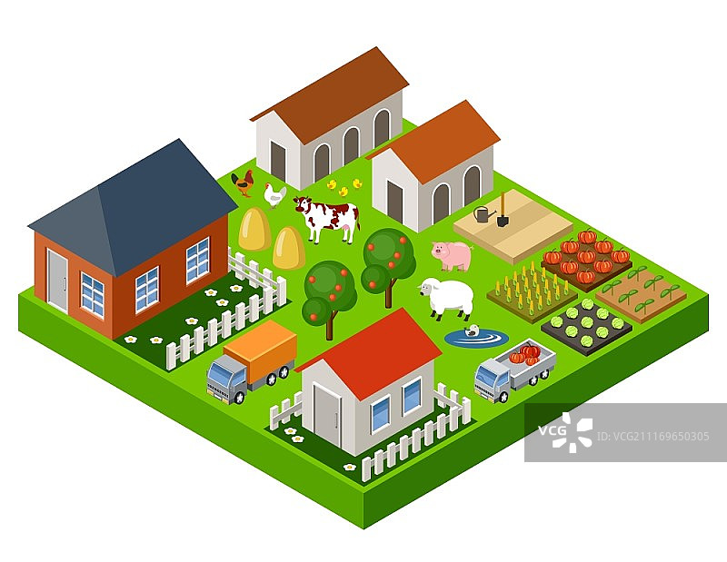 矢量农场玩具积木2.5D素材。已隔离。农场建筑和交通图片素材