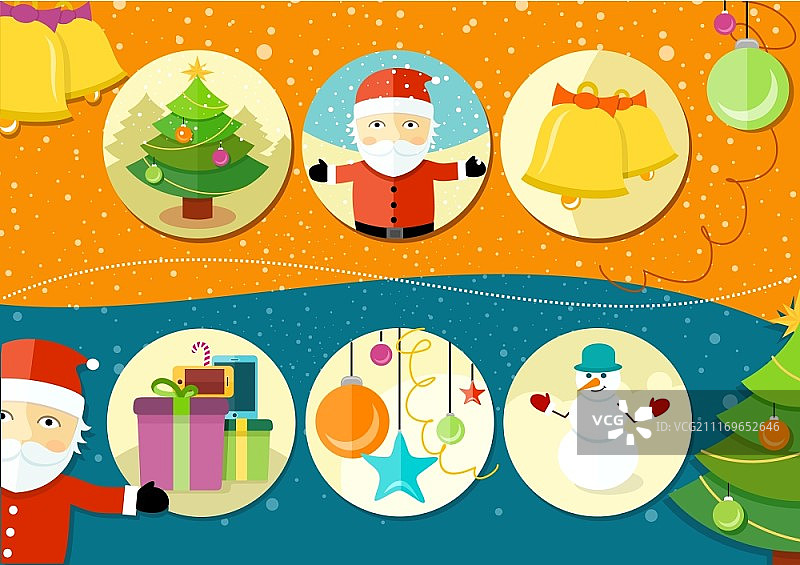 卡通设计风格的圣诞节新年图标：铃铛、手套、球、树和雪人图片素材